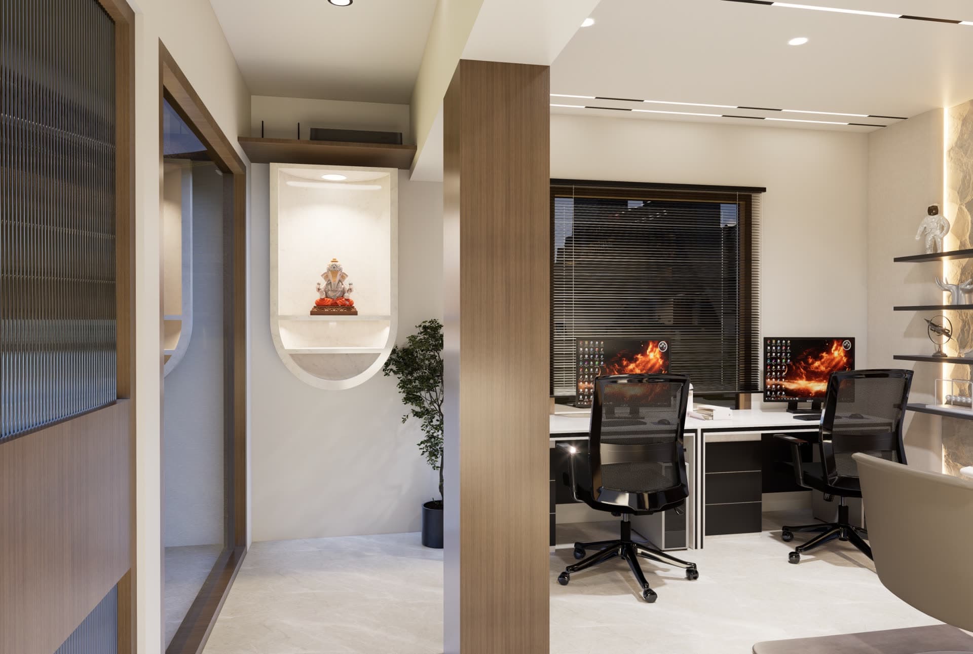 Pooja niche + workstation zone